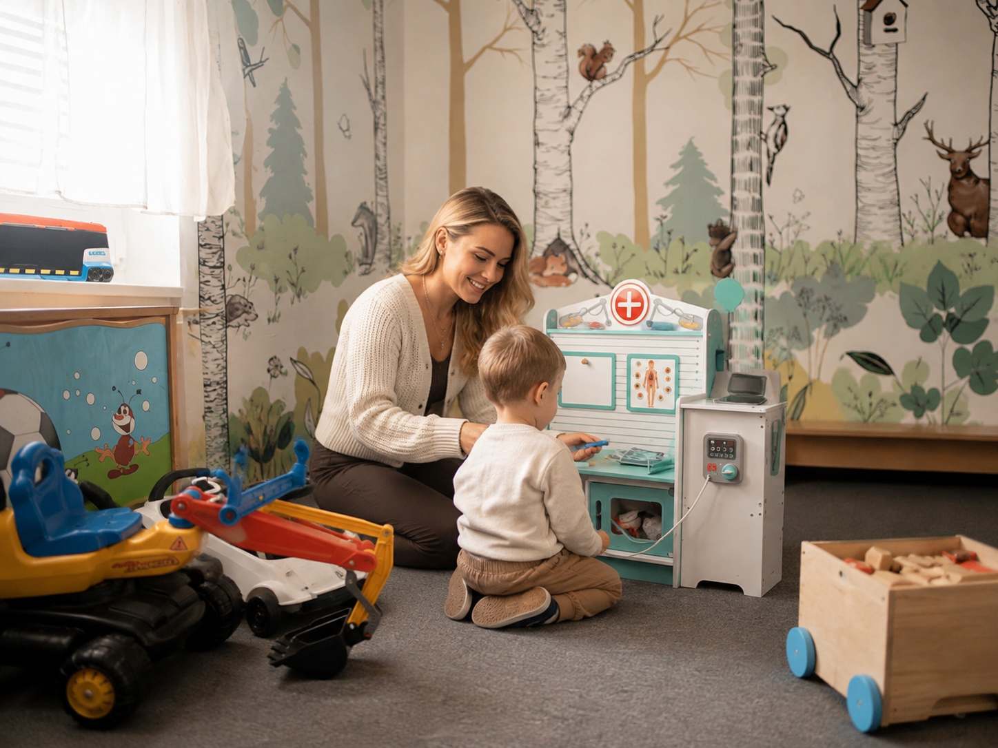 Průvodkyně a chlapec si společně hrají s dřevěnou lékařskou stěnou v herně s lesní malbou.
