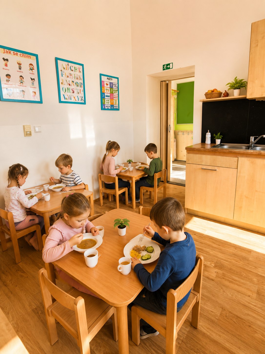 Děti obědvají u dřevěných stolů ve světlé jídelně dětské skupiny.
